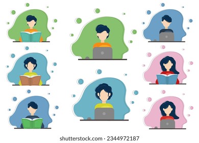 People, the educational process, remote work, sit at the table at the computer. Student set, icons of people at the computer and reading books.