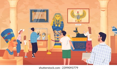 People in egyptian museum. Tourists visiting egypt museums with mummies ancient artwork statue pharaoh tomb, in cairo old history gallery interior cartoon vector illustration of museum with people