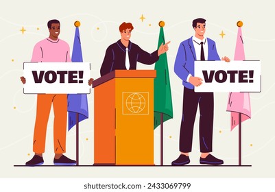 People with elections. Politicians near flags and orator standing. Public speaking and occupation. Political performance. Preelections campaign. Cartoon flat vector illustration