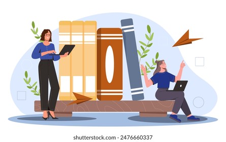 People with electronic books. Women with laptops sit near textbooks. Education, learning and training on Internet. Digital library. Cartoon flat vector illustration isolated on white background