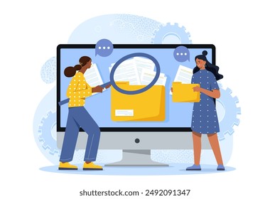People with electronic database. Women with magnifying glass looking at file folder. Young girls with electronic storage and archive. Flat vector illustration isolated on white background