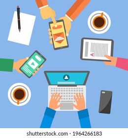 People with electronic devices on business meeting. Hands using laptop computer, smartphone and tablet in flat design.