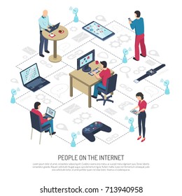 People with electronic devices on internet, satellite dishes with wifi on white background isometric vector illustration