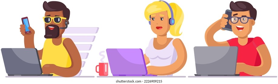 People with electronic devices work in office. Business team coworking, brainstorming at workplace. Employees with laptops and smartphones. Multitasking and technology implementation at work concept