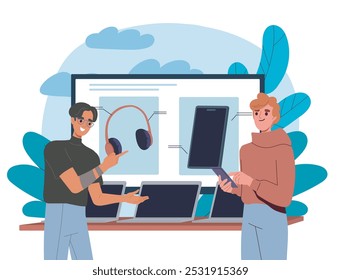 People in electronics store. Men near headphones and tablets, smartphones. Supermarket with gadgets and devices. Seller with buyer. Flat vector illustration isolated on white background