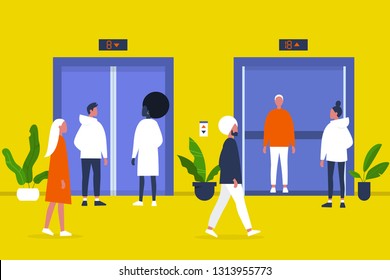 People. Elevator. Business center hall. Office. Walking and standing characters. Weekday life. Flat editable vector illustration, clip art