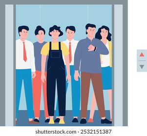 Personas en ascensor. Obreros de edificios Corporativas esperan en el interior