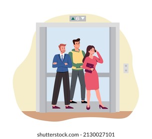 Des gens dans l'ascenseur. Une fille avec un téléphone et deux hommes vont au travail. Bureaux modernes et bâtiments confortables. Hommes d'affaires et entrepreneurs, employés et collègues. Illustration vectorielle à plat
