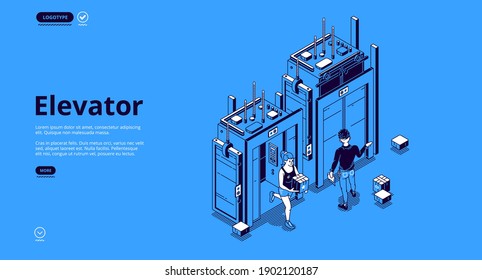 People In Elevator Isometric Landing Page. Characters Use Passenger Or Freight Lift, Man And Woman Stand At Closed And Open Doors With Parcel, Business Center, Mall Hall 3d Vector Line Art Web Banner