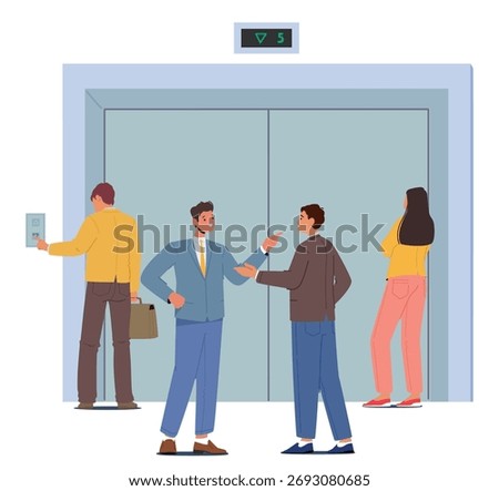 People at elevator lobby patiently waiting for turn pushing button and communicating with each other cartoon scene. Social interaction in public spaces, commute daily routine vector illustration