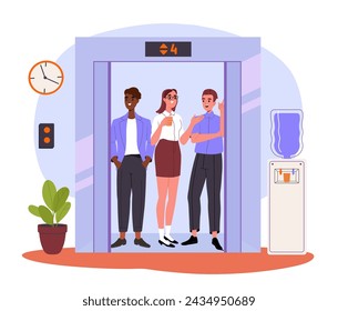 People in elevator. Scene from office or hotel. Colleagues and employees at 4 flour. Secretary and white collar workers. Cartoon flat vector illustration isolated on white background