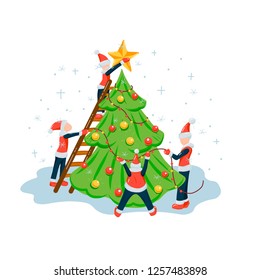 People or elfs in santa costumes decorating the Christmas tree by star, balls and garlands. New year and Christmas holiday flat style illustration for poster, celebration invitation or greeting card
