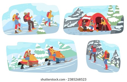 People Embark On Invigorating Winter Hike, Surrounded By Pristine Snowscapes. Brave Characters Navigate Through Snowy Trails, Enjoying The Serene Beauty Of The Season. Cartoon Vector Illustration