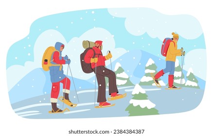 People Embarking On Winter Hikes, Wrapped In Warm Layers, Venture Through Snow-covered Landscapes. Rosy Cheeks And Breathtaking Snowy Vistas Make These Treks Unforgettable. Cartoon Vector Illustration