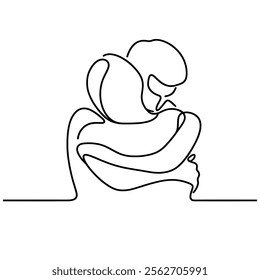 People embracing in continuous line art drawing style. One person giving the shoulder to another. Support and backing. Minimalist black linear sketch isolated on white background. Vector illustration