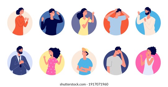 People emotional avatars. Different gestures, happy sad confused characters. Woman man in round, cute cartoon guys girls vector set