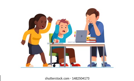 People Emotional Outburst. Worker Big Mistake, Failure Or Suffering Huge Loss. Team Looking At Laptop Screen On Office Desk, Woman Screaming In Anger, Man Tearing Hair, Crying In Despair. Flat Vector 