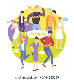 People emotions colorful round composition with human characters showing their emotions through body poses and gestures flat vector illustration