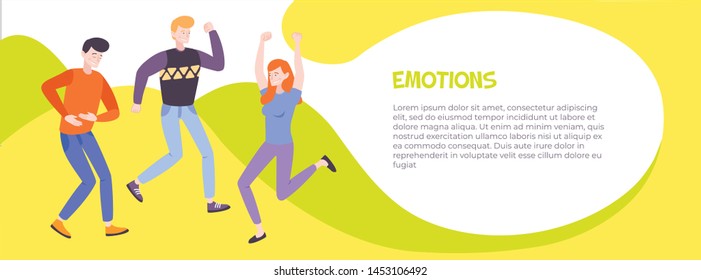 People emotions horizontal banner with group of funny smiling young teens dancing together flat vector illustration