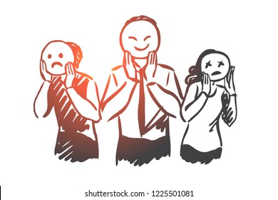 People, emotions, mask, face, mood concept. Hand drawn different human emotions concept sketch. Isolated vector illustration.