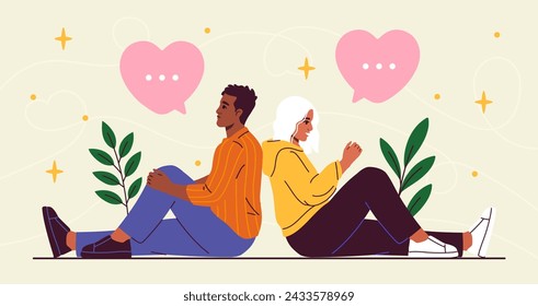 People with empathy skill. Man and woman sitting near each others. Love and romance. Good feeings and emotions. Poster or banner. Cartoon flat vector illustraton isolated on beige background