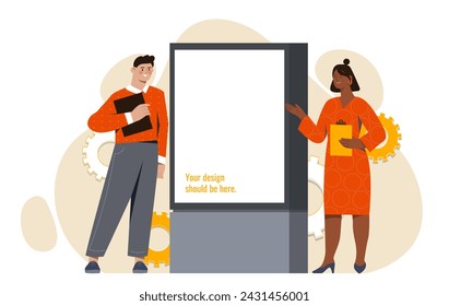 People with empty banner. Man and woman near space for text and presentations. Advertising on street. Professional business poster. Cartoon flat vector illustration isolated on white background
