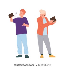 Gente con cartera vacía sin dinero descubriendo problemas financieros y juego de quiebras