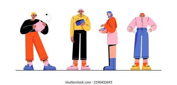 People with empty wallets, pockets and piggy bank having no money. Concept of financial problems, poverty, bankruptcy. Vector flat illustration of sad characters with empty purses