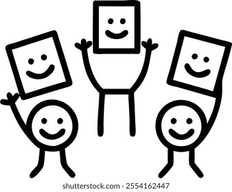 People with Enchanted Appraisal Forms and Smiling Faces concept as A group of people holding enchanted appraisal forms with smiling faces set against a whimsical background offerin