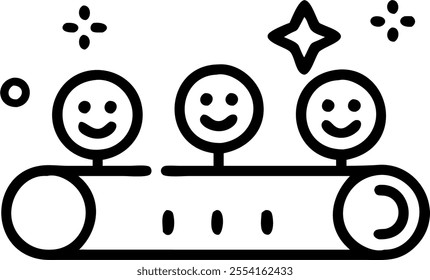 People with Enchanted Conveyor Belts and Smiling Faces concept as A group of people using enchanted conveyor belts with smiling faces set against a whimsical background offering am