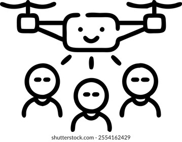 People with Enchanted Delivery Drones and Smiling Faces concept as A group of people using enchanted delivery drones with smiling faces set against a whimsical background offering