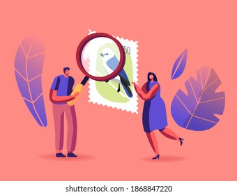 People Engage in Philately Concept. Tiny Male and Female Characters with Huge Magnifying Glass Look on Postmark. Collecting and Studying History of National Postage Stamps. Cartoon Vector Illustration
