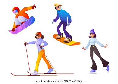 People engage winter sport. Happy men and women in warm clothes riding snowboard, walk by skis and skates. Cartoon characters wintertime season active recreation, activity entertainment, vector set