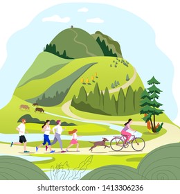 People are engaged in active recreation in the park. Healthy lifestyle concept.Vector illustration.