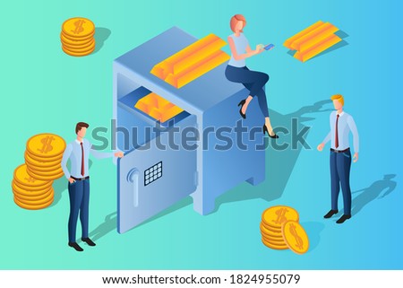 People are engaged in banking.businessmen on the background of a Bank safe and coins and gold safes.Banking and teamwork.Isometric vector illustration.