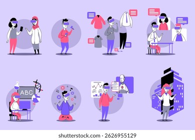 People engaged in diverse activities, such as learning, shopping for clothes, conducting experiments, and utilizing technology, all set against vibrant backgrounds
