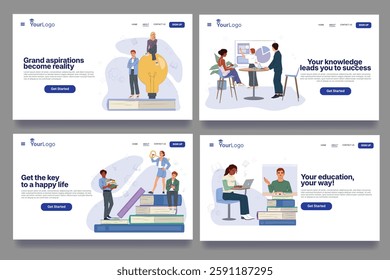 People engaged in educational activities, flat graphic style, on white background. Concept of learning, success, and personal growth. Vector illustration