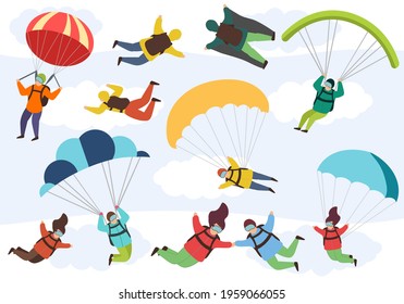 People are engaged in extreme parachuting. Free fall characters. Extreme parachute skydivers, male and female parachutists.