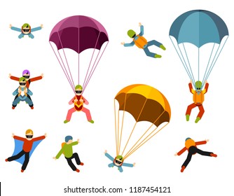 People are engaged in extreme parachuting vector Illustrations on a white background