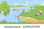 People engaged in fishing on river bank cartoon vector illustration. Fisherman with rod over natural landscape. Outdoor weekend and masculine leisure activity concept