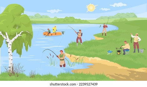 People engaged in fishing on river bank cartoon vector illustration. Fisherman with rod over natural landscape. Outdoor weekend and masculine leisure activity concept