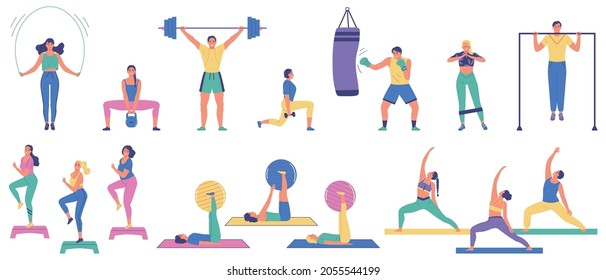 People engaged in fitness isolated icons with athletes training with balls barbells punching bag crossbar skipping rope flat vector illustration