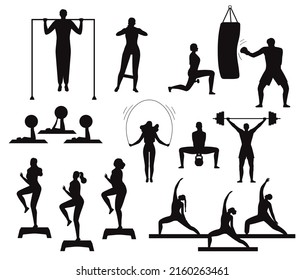 People Engaged In Fitness silhouettes Premium vector template