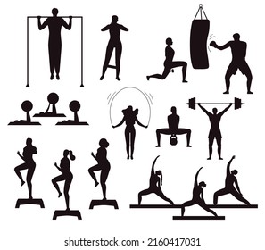 People Engaged In Fitness silhouettes Premium vector template	
