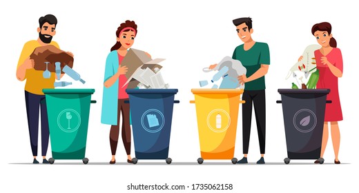 People engaged in garbage sorting set isolated on white background. Man woman put waste in correct tank. Human concerned about ecology, environmental protection. Food refuse, glass, plastic, paper