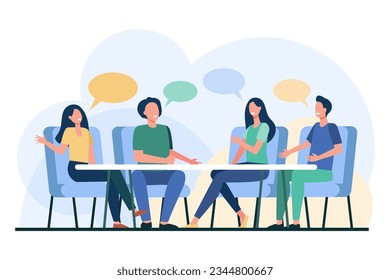 People engaged in group discussion vector illustration. Team of friends or colleagues sharing ideas, collaborating, listening to each other. Social skills, effective communication concept