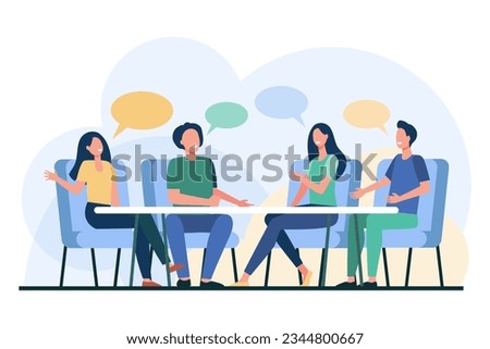 People engaged in group discussion vector illustration. Team of friends or colleagues sharing ideas, collaborating, listening to each other. Social skills, effective communication concept