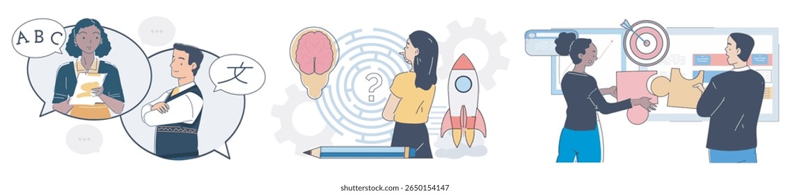 People engaged in language learning, brainstorming, and teamwork activities in a modern flat style on a white background. Concept of education and collaboration. Vector illustration