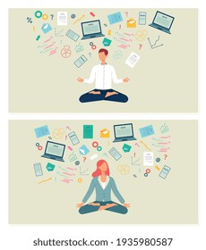 People engaged in meditation to rest of information, flat vector illustration.