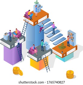La gente se dedica al trabajo de oficina.Concepto de actividad conjunta.Interacción de la gente entre sí.Ilustración isométrica del trabajo de equipo.Ilustración vectorial.